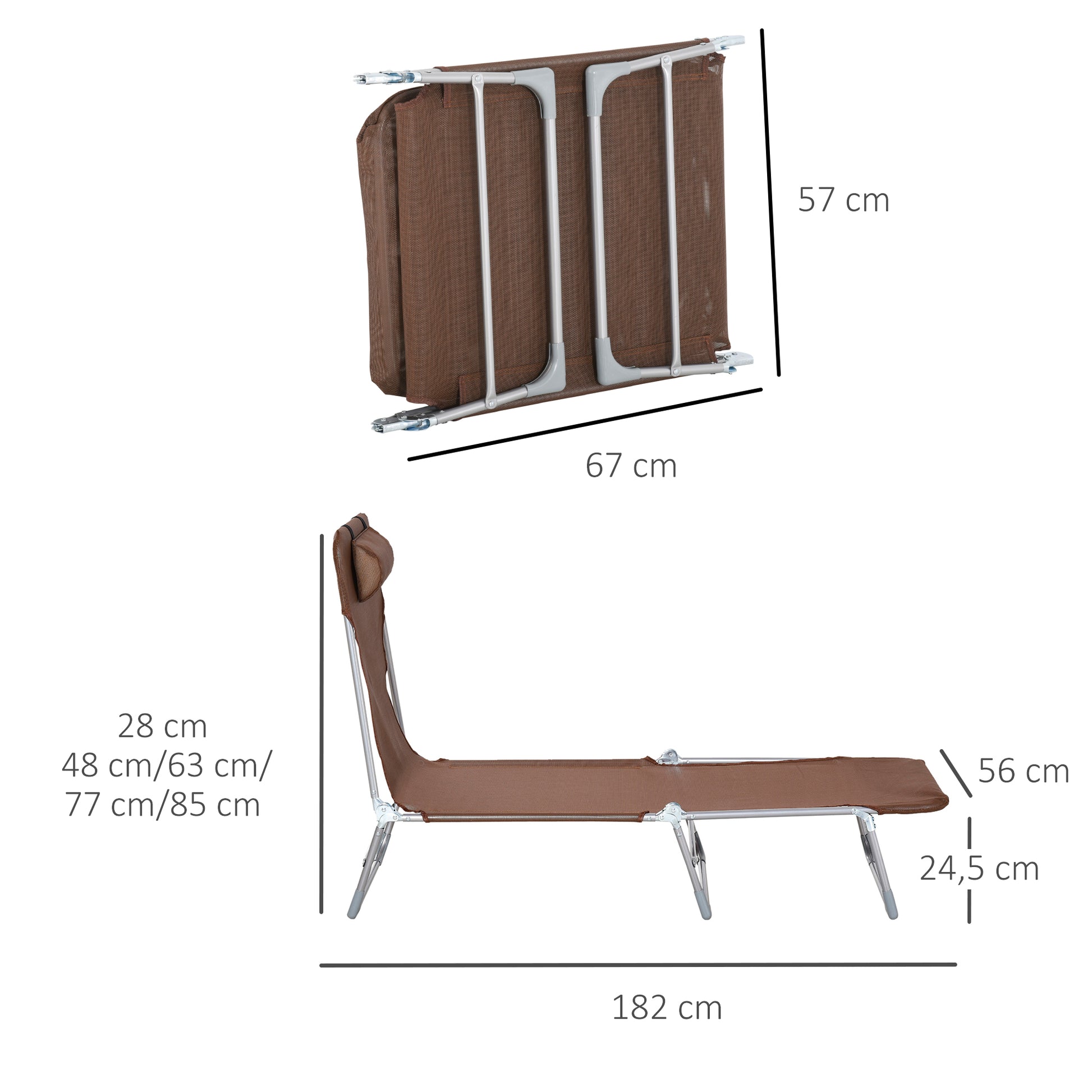 Folding and Reclining Garden Sun Lounger with Headrest and Adjustable Backrest in 5 Levels Breathable Texteline Fabric 182x56x28 cm Brown