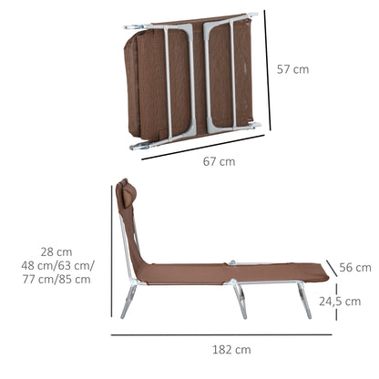 Folding and Reclining Garden Sun Lounger with Headrest and Adjustable Backrest in 5 Levels Breathable Texteline Fabric 182x56x28 cm Brown