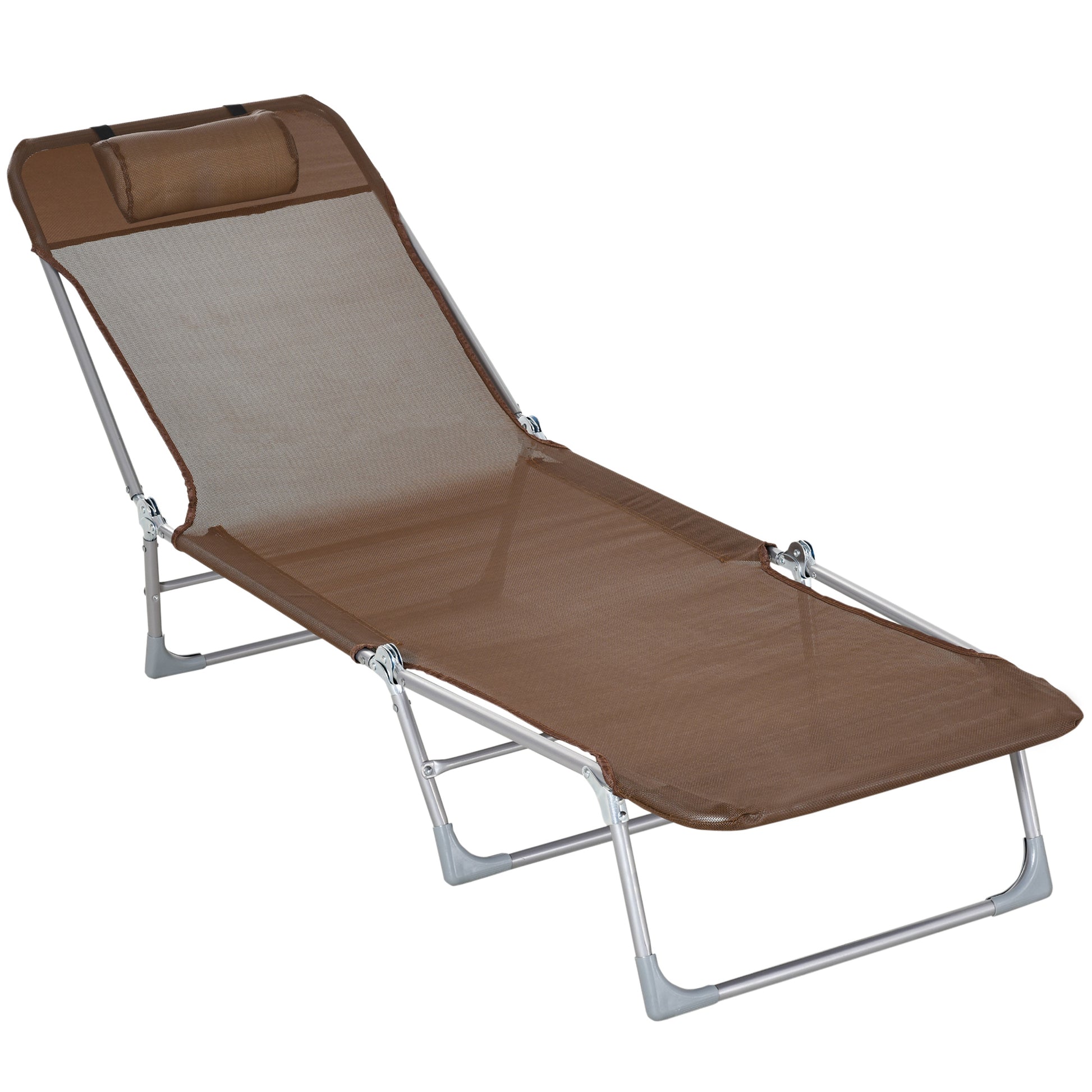 Folding and Reclining Garden Sun Lounger with Headrest and Adjustable Backrest in 5 Levels Breathable Texteline Fabric 182x56x28 cm Brown