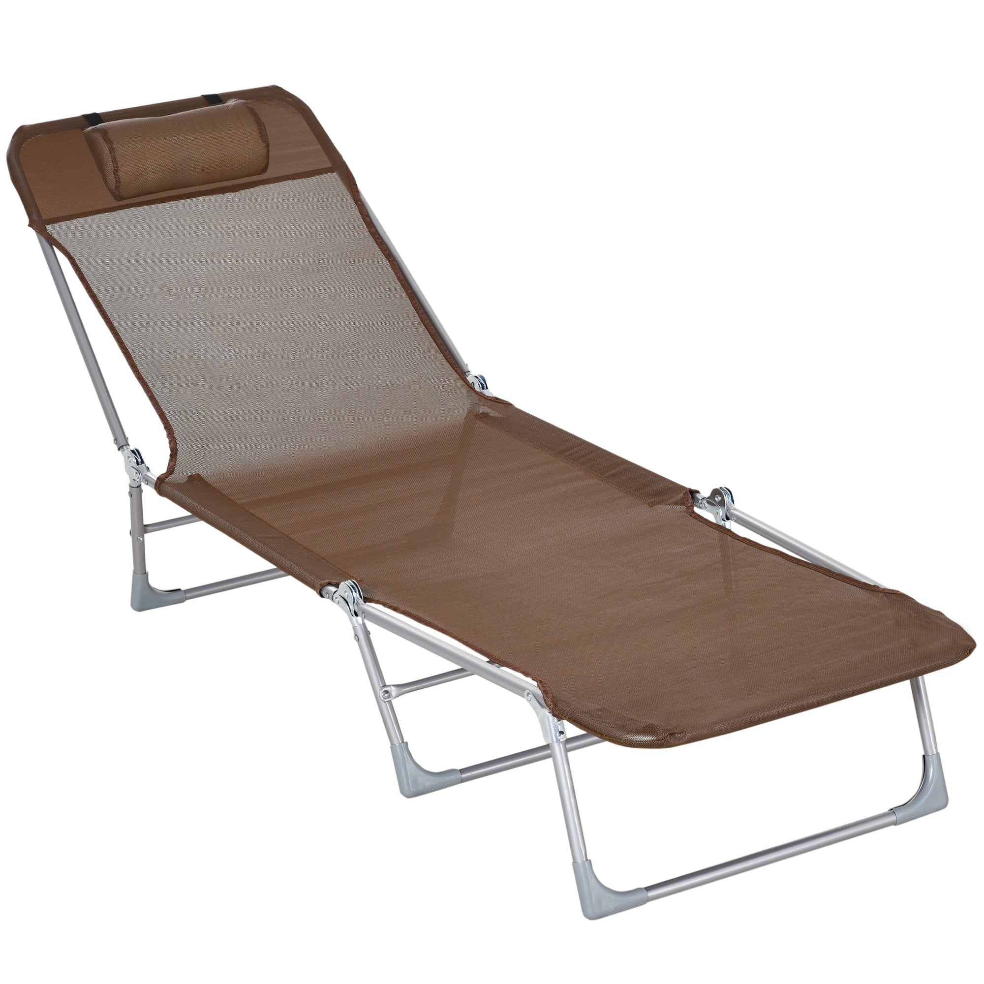 Folding and Reclining Garden Sun Lounger with Headrest and Adjustable Backrest in 5 Levels Breathable Texteline Fabric 182x56x28 cm Brown