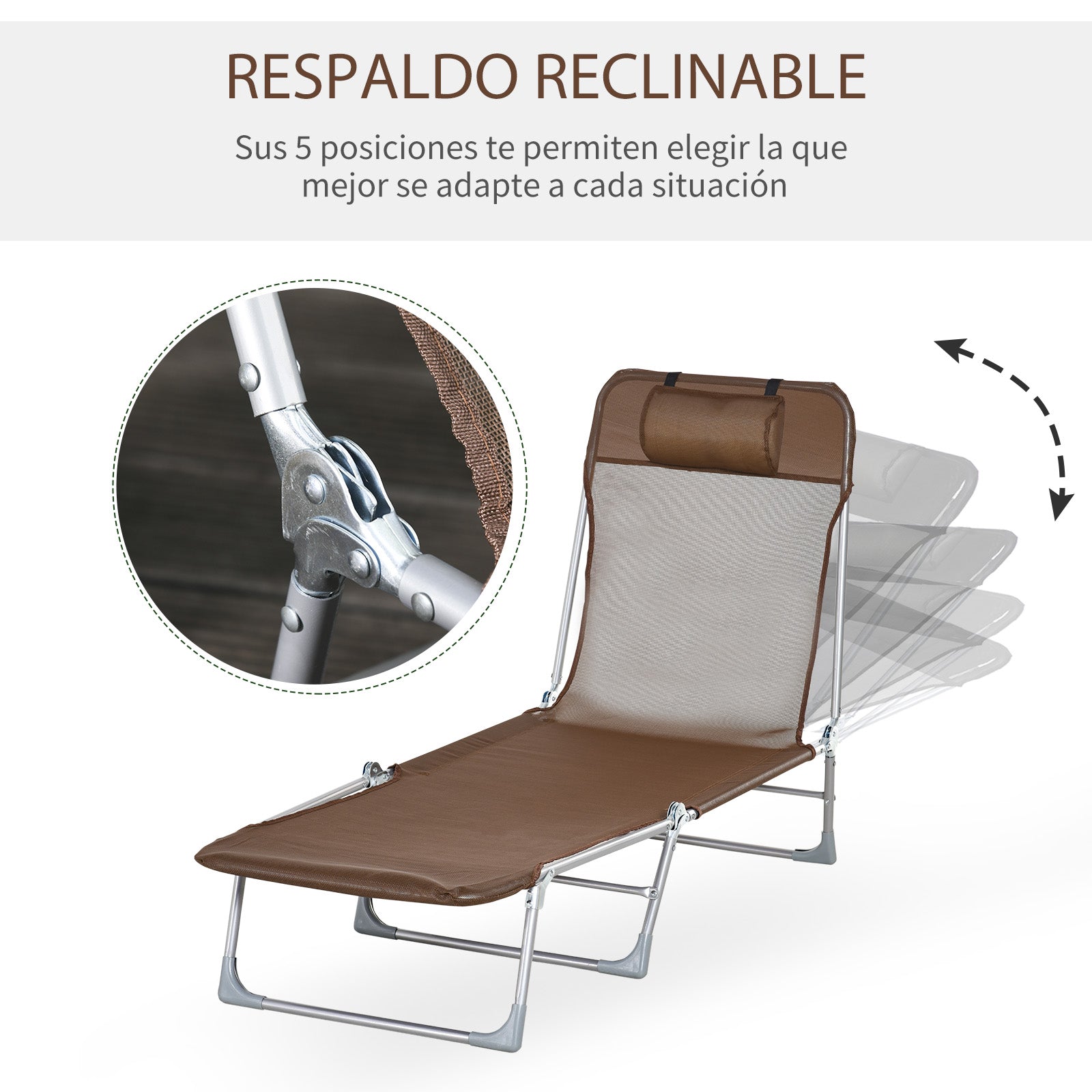 Folding and Reclining Garden Sun Lounger with Headrest and Adjustable Backrest in 5 Levels Breathable Texteline Fabric 182x56x28 cm Brown