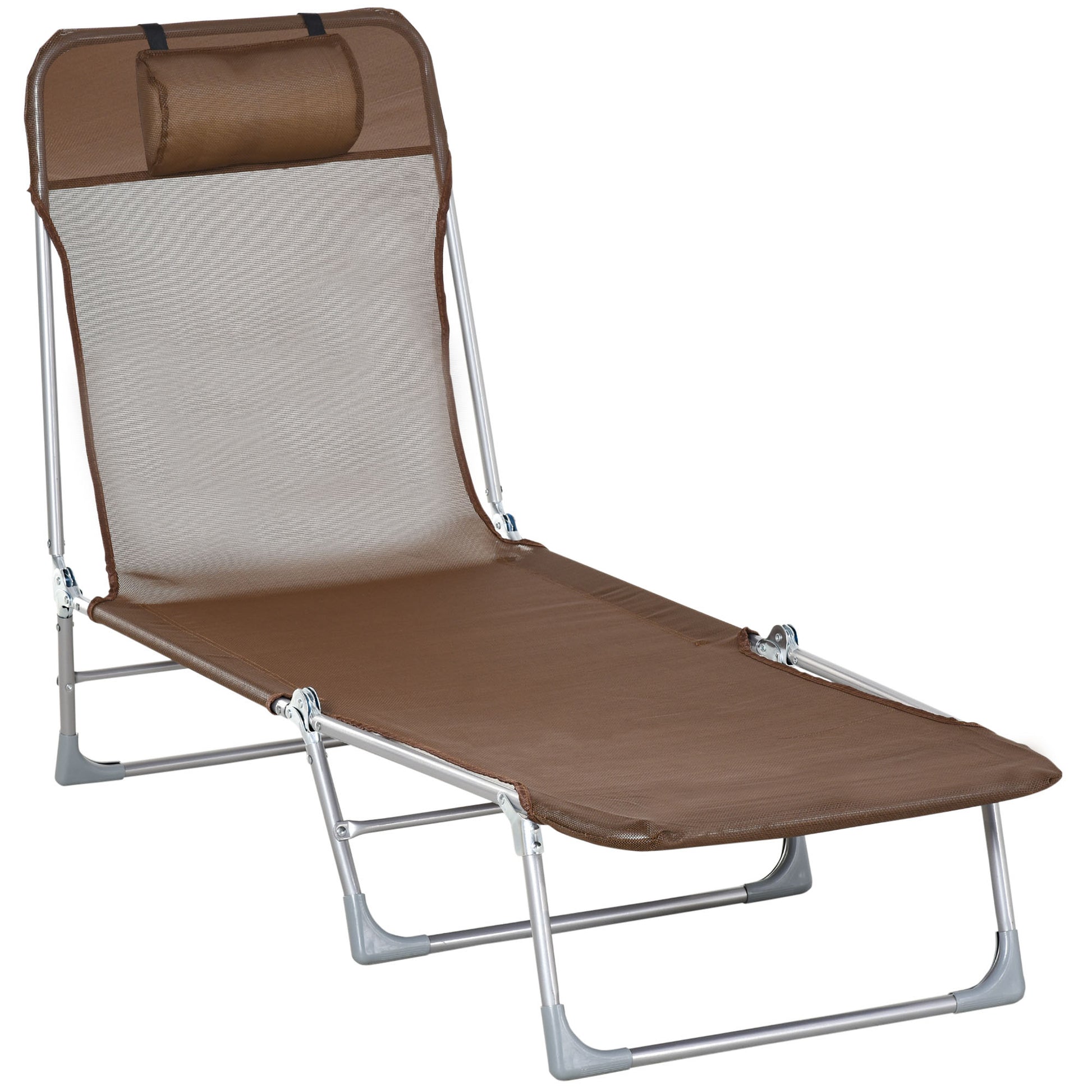 Folding and Reclining Garden Sun Lounger with Headrest and Adjustable Backrest in 5 Levels Breathable Texteline Fabric 182x56x28 cm Brown