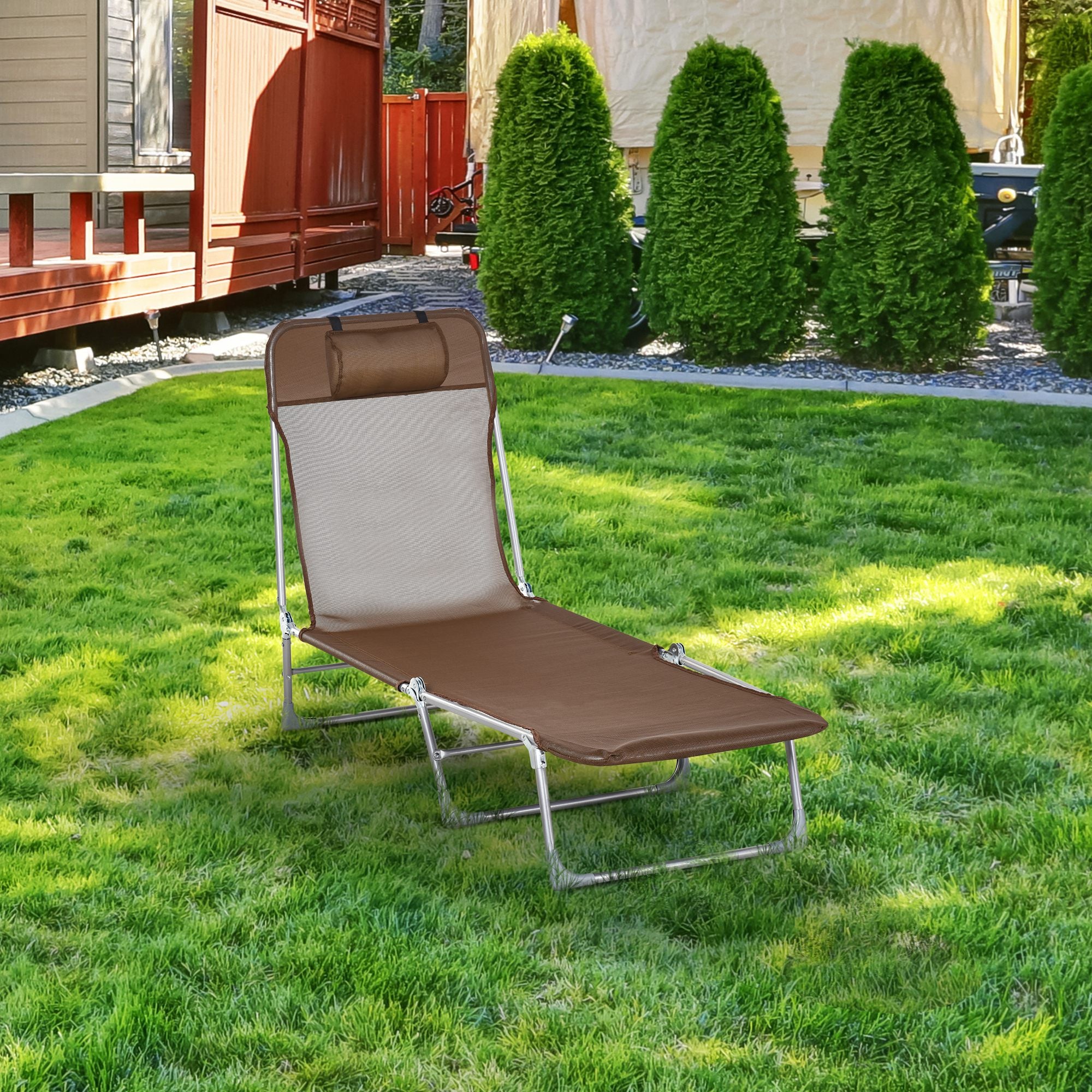 Folding and Reclining Garden Sun Lounger with Headrest and Adjustable Backrest in 5 Levels Breathable Texteline Fabric 182x56x28 cm Brown