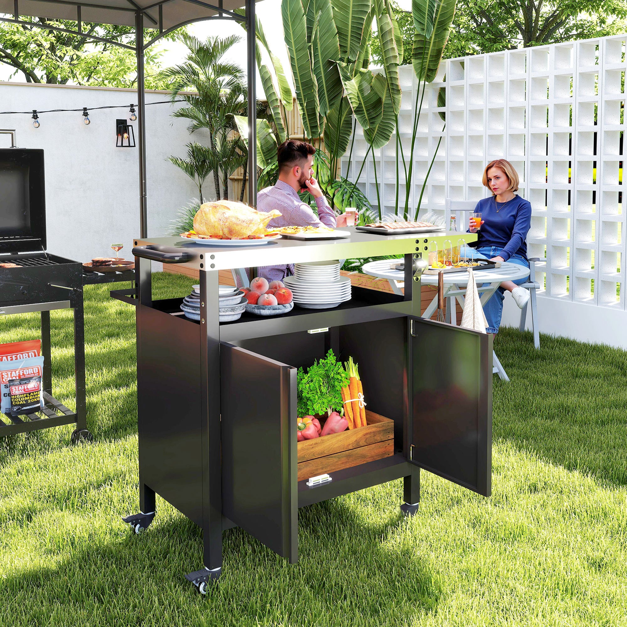 Outdoor Barbecue Cart with Foldable Shelf, Plancha Cart with Stainless Steel Top and Hooks, Outdoor Rolling Cart, 116 x 50 x 93 cm, Black