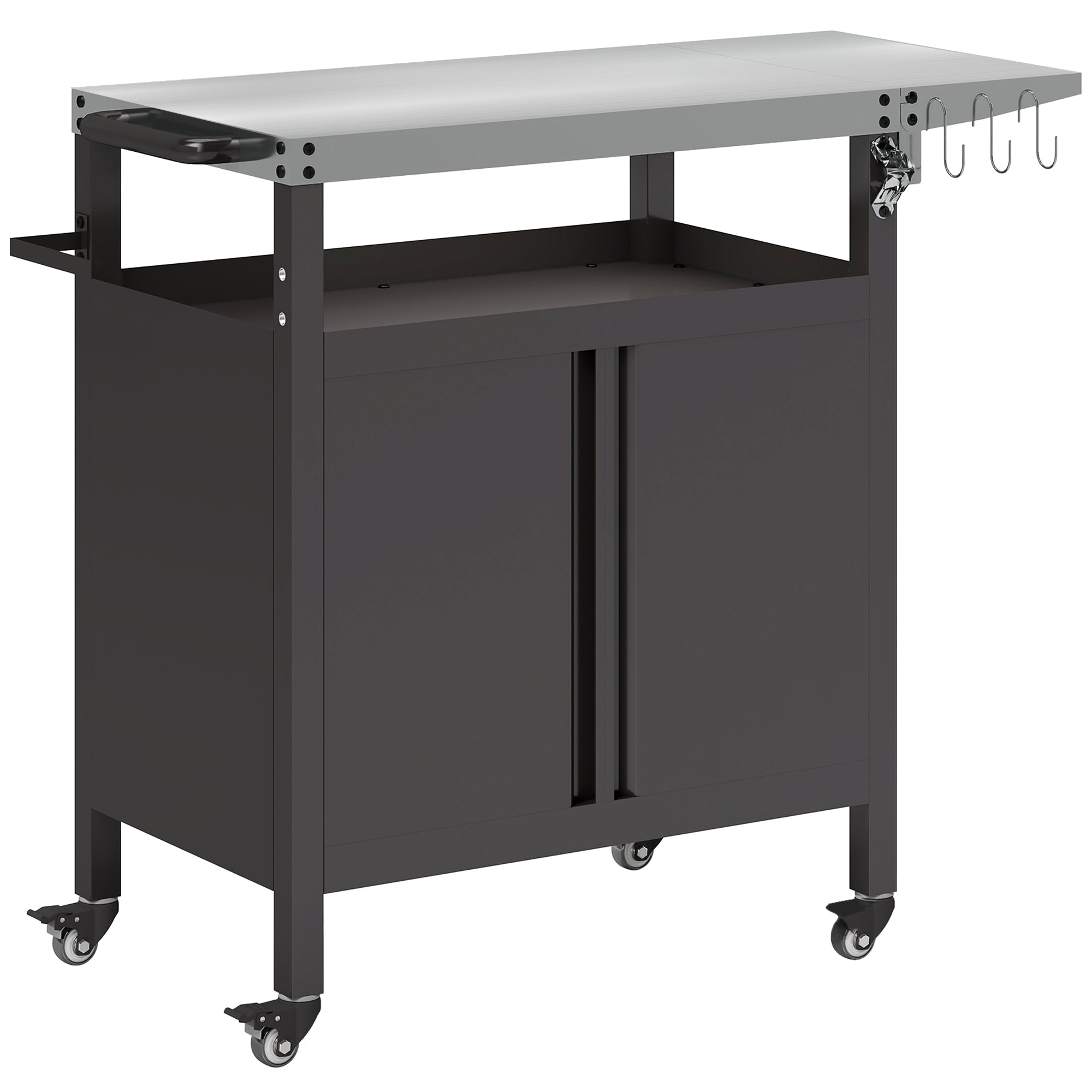 Outdoor Barbecue Cart with Foldable Shelf, Plancha Cart with Stainless Steel Top and Hooks, Outdoor Rolling Cart, 116 x 50 x 93 cm, Black