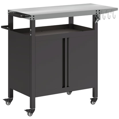 Outdoor Barbecue Cart with Foldable Shelf, Plancha Cart with Stainless Steel Top and Hooks, Outdoor Rolling Cart, 116 x 50 x 93 cm, Black