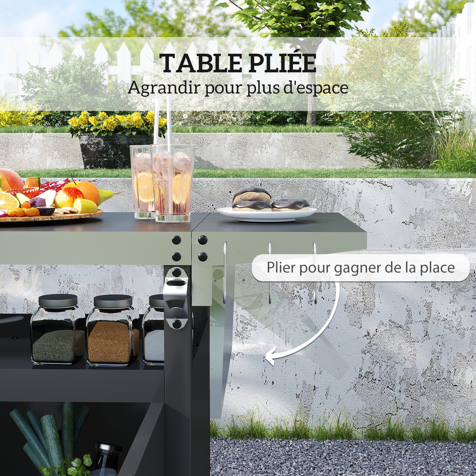 Outdoor Barbecue Cart with Foldable Shelf, Plancha Cart with Stainless Steel Top and Hooks, Outdoor Rolling Cart, 116 x 50 x 93 cm, Black
