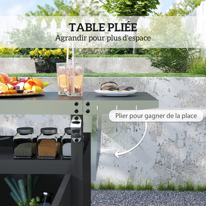 Outdoor Barbecue Cart with Foldable Shelf, Plancha Cart with Stainless Steel Top and Hooks, Outdoor Rolling Cart, 116 x 50 x 93 cm, Black
