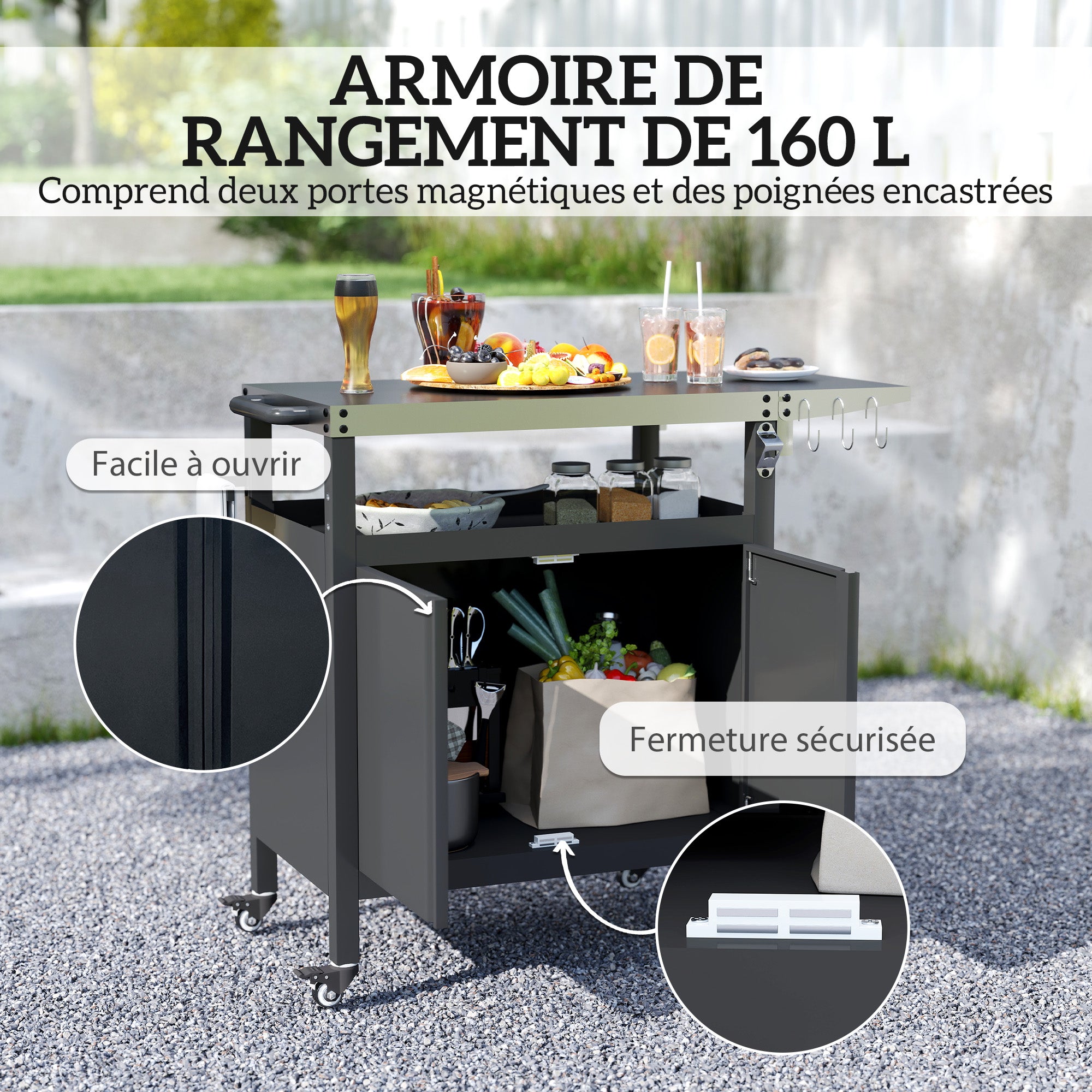Outdoor Barbecue Cart with Foldable Shelf, Plancha Cart with Stainless Steel Top and Hooks, Outdoor Rolling Cart, 116 x 50 x 93 cm, Black