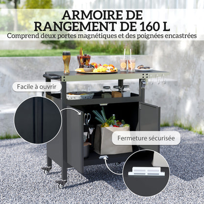 Outdoor Barbecue Cart with Foldable Shelf, Plancha Cart with Stainless Steel Top and Hooks, Outdoor Rolling Cart, 116 x 50 x 93 cm, Black