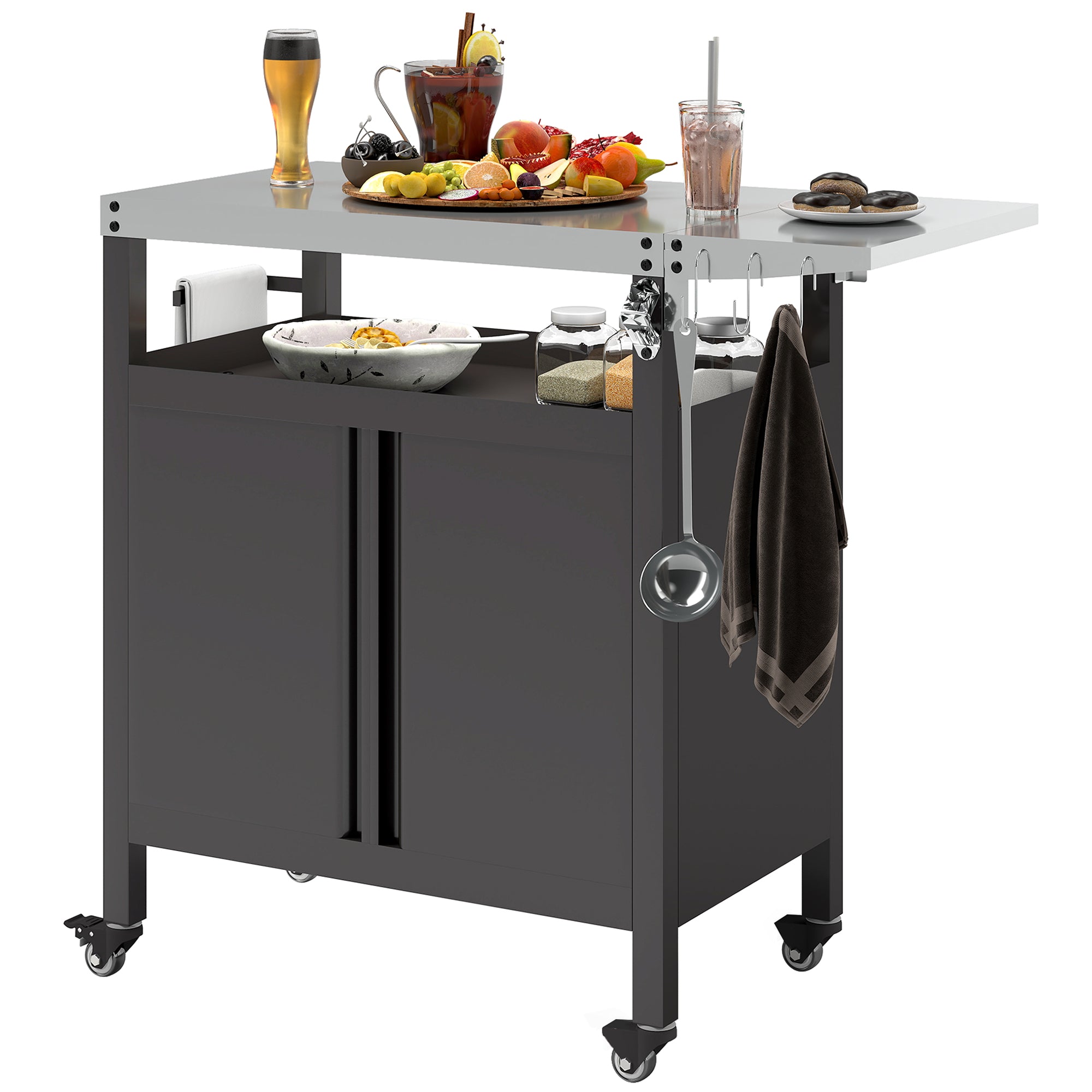 Outdoor Barbecue Cart with Foldable Shelf, Plancha Cart with Stainless Steel Top and Hooks, Outdoor Rolling Cart, 116 x 50 x 93 cm, Black