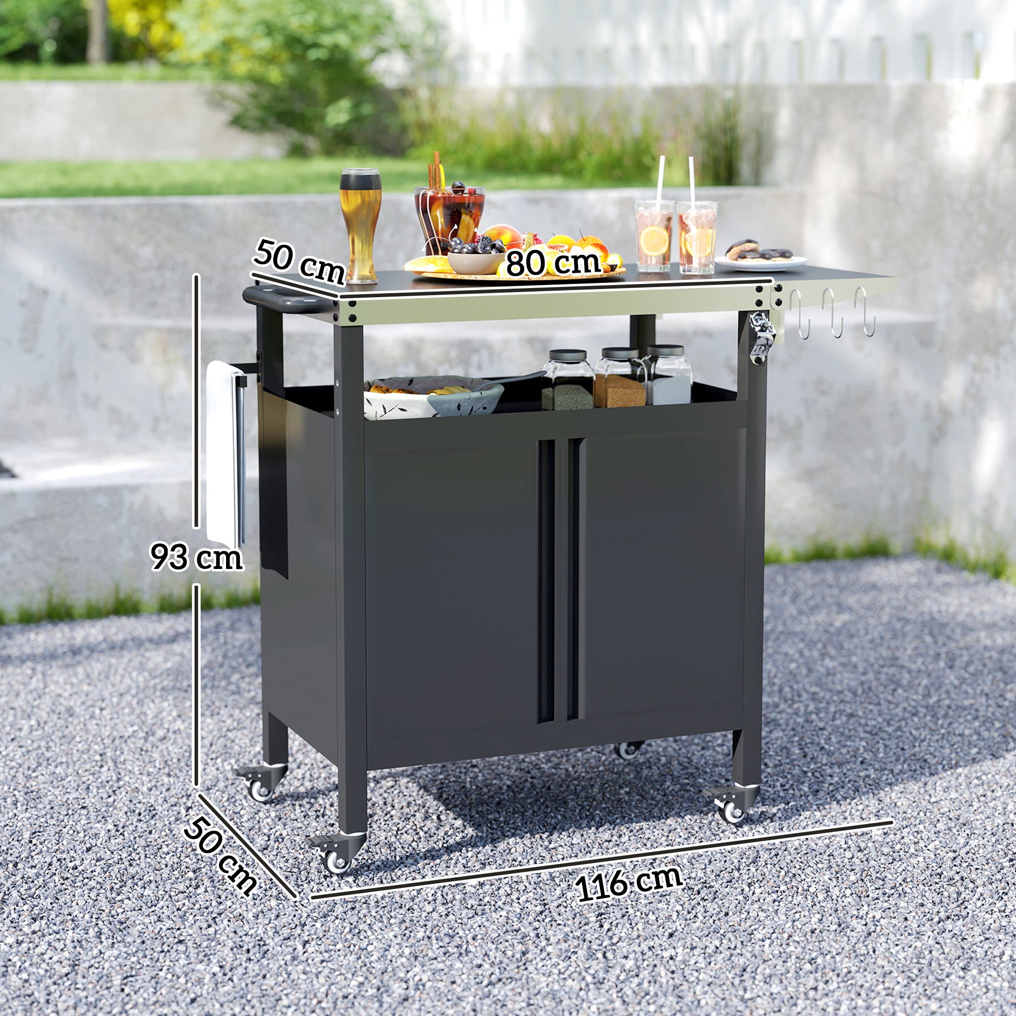 Outdoor Barbecue Cart with Foldable Shelf, Plancha Cart with Stainless Steel Top and Hooks, Outdoor Rolling Cart, 116 x 50 x 93 cm, Black
