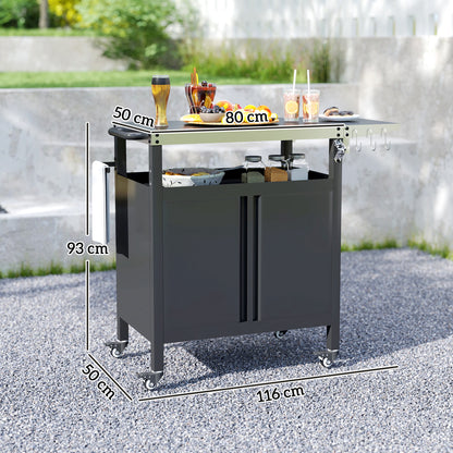 Outdoor Barbecue Cart with Foldable Shelf, Plancha Cart with Stainless Steel Top and Hooks, Outdoor Rolling Cart, 116 x 50 x 93 cm, Black