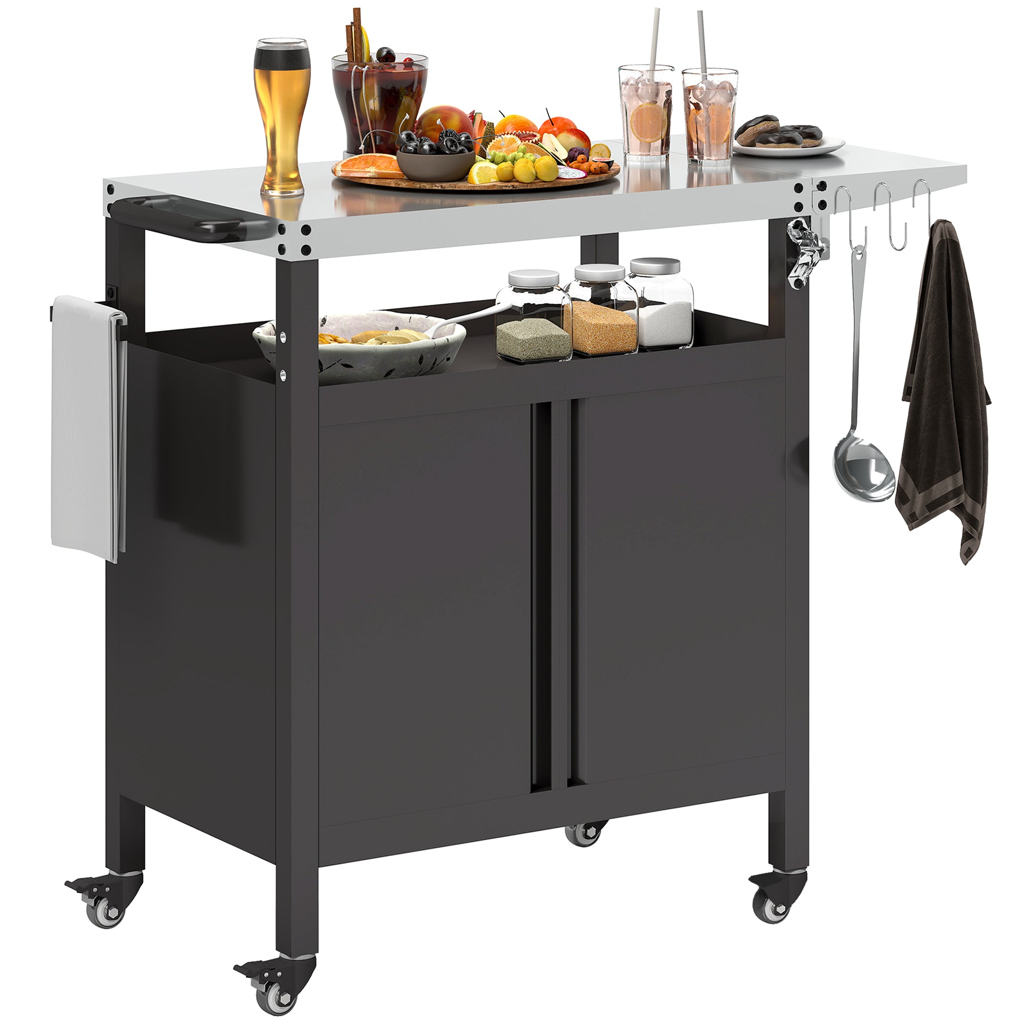 Outdoor Barbecue Cart with Foldable Shelf, Plancha Cart with Stainless Steel Top and Hooks, Outdoor Rolling Cart, 116 x 50 x 93 cm, Black