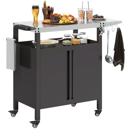Outdoor Barbecue Cart with Foldable Shelf, Plancha Cart with Stainless Steel Top and Hooks, Outdoor Rolling Cart, 116 x 50 x 93 cm, Black