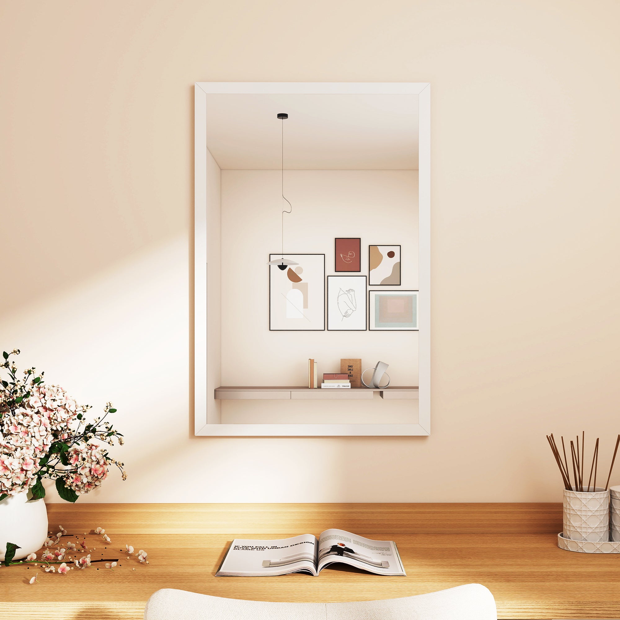 Rectangular Wall Mirror 16 x 24 in (W x H), White Wood Frame — Ideal for Bathroom, Living Room or Bedroom