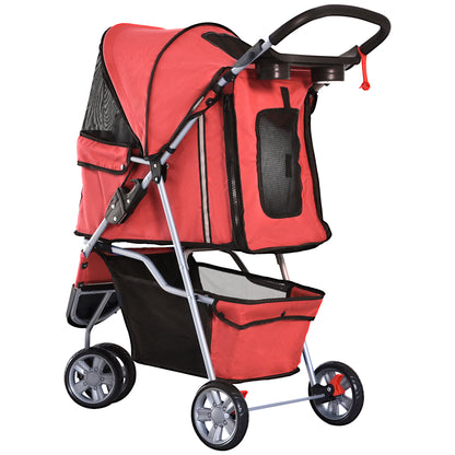 Dog Stroller Pet Stroller Foldable for Dogs & Cats Cat Stroller with Pillow Mesh Windows Cup Holder Storage Bag Cat Carriage Buggy Red