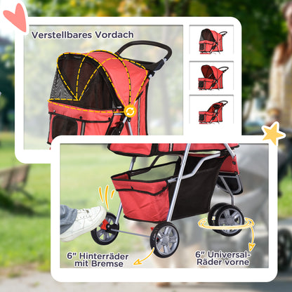Dog Stroller Pet Stroller Foldable for Dogs & Cats Cat Stroller with Pillow Mesh Windows Cup Holder Storage Bag Cat Carriage Buggy Red
