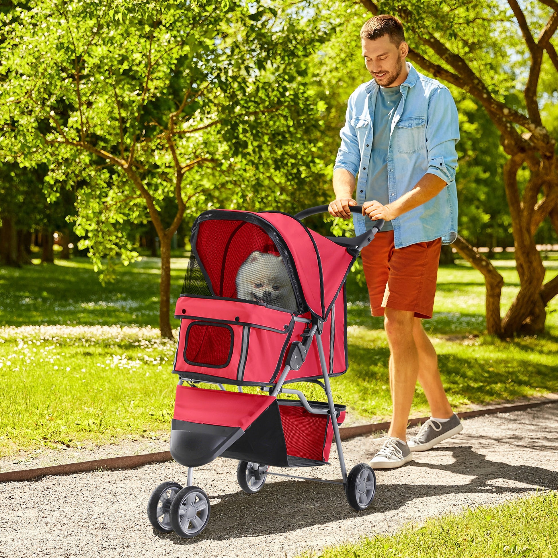Dog Stroller Pet Stroller Foldable for Dogs & Cats Cat Stroller with Pillow Mesh Windows Cup Holder Storage Bag Cat Carriage Buggy Red