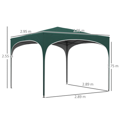 Pop-up Garden Gazebo for 6-9 People, 3x3m Folding Gazebo with Adjustable Height and Carry Bag, Metal Frame with Ropes, Stakes, and Sandbags, 295x295x255 cm, Green