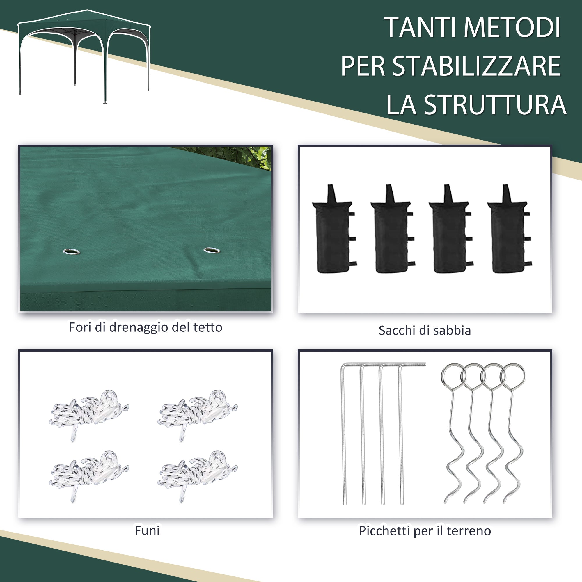 Pop-up Garden Gazebo for 6-9 People, 3x3m Folding Gazebo with Adjustable Height and Carry Bag, Metal Frame with Ropes, Stakes, and Sandbags, 295x295x255 cm, Green