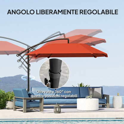 Offset Umbrella 2.6x2.6 m with Air Vents, 8 Ribs, Cross Base and Crank, Tilted and 360° Rotating Garden Umbrella in Metal and 180 g/㎡ Polyester, Rust Red