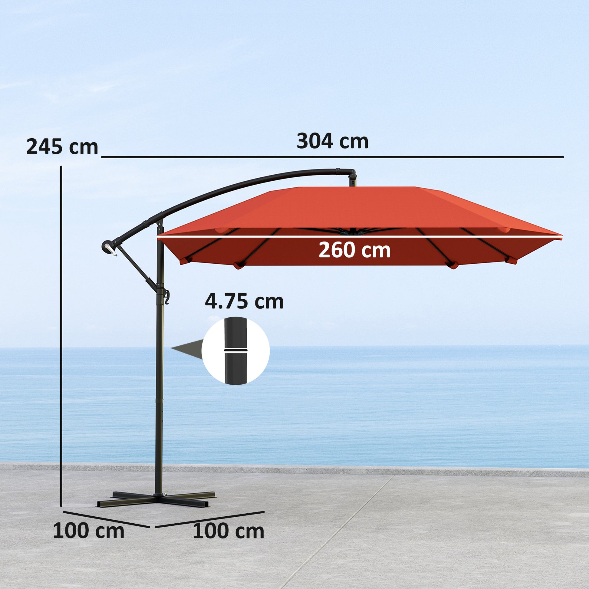 Offset Umbrella 2.6x2.6 m with Air Vents, 8 Ribs, Cross Base and Crank, Tilted and 360° Rotating Garden Umbrella in Metal and 180 g/㎡ Polyester, Rust Red