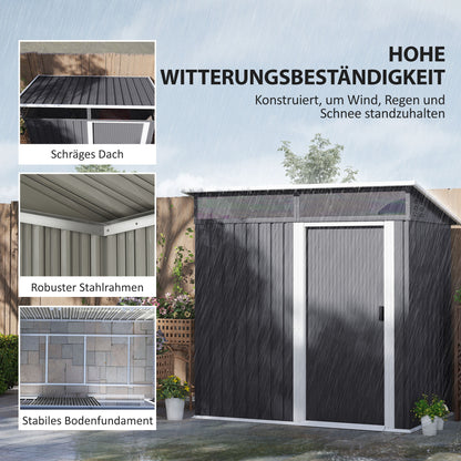 Metal Tool Shed 1.9m² 195x122x182cm Equipment Shed with Foundation Pent Roof Window Sliding Door Hooks Gloves Weatherproof Outdoor Garden Shed for Backyard Garden Dark Gray
