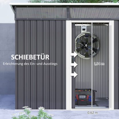 Metal Tool Shed 1.9m² 195x122x182cm Equipment Shed with Foundation Pent Roof Window Sliding Door Hooks Gloves Weatherproof Outdoor Garden Shed for Backyard Garden Dark Gray