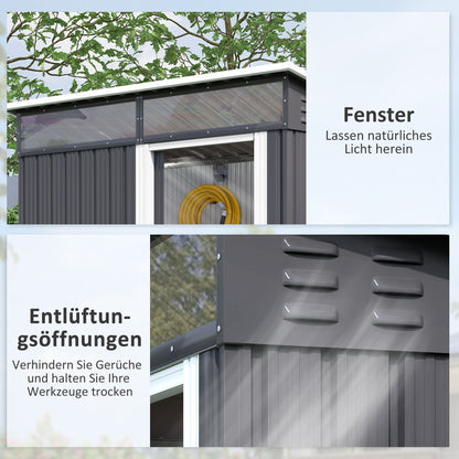 Metal Tool Shed 1.9m² 195x122x182cm Equipment Shed with Foundation Pent Roof Window Sliding Door Hooks Gloves Weatherproof Outdoor Garden Shed for Backyard Garden Dark Gray