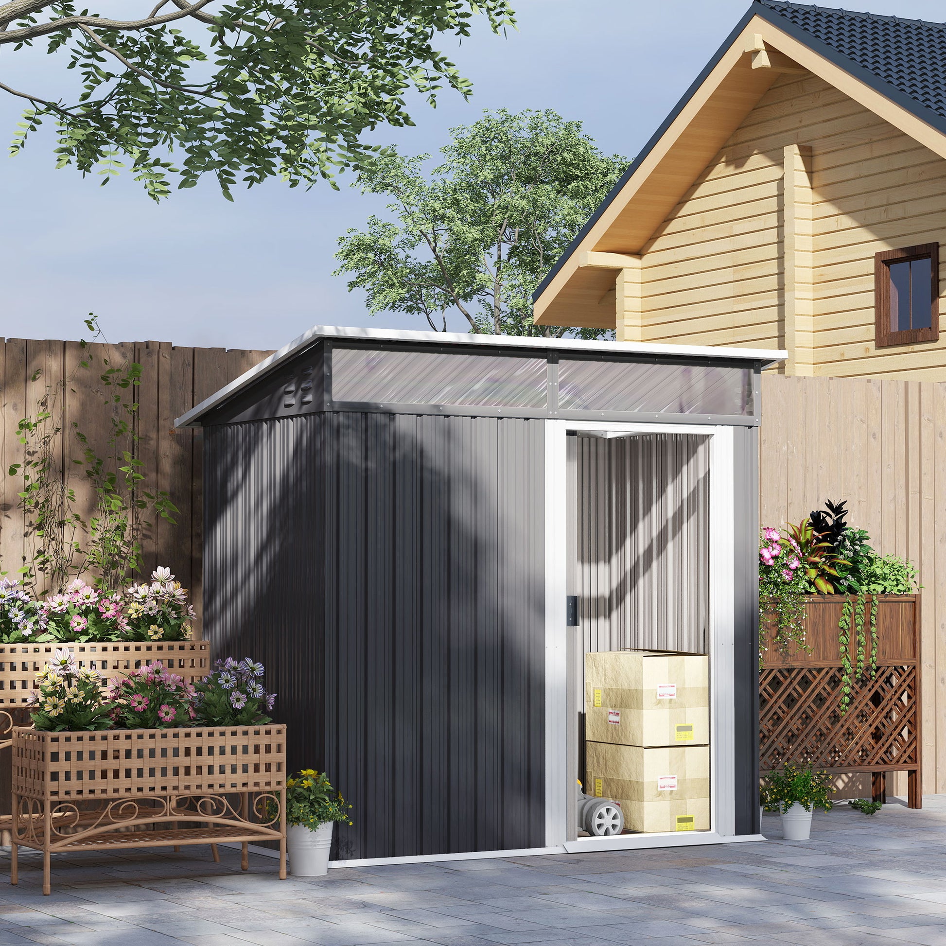 Metal Tool Shed 1.9m² 195x122x182cm Equipment Shed with Foundation Pent Roof Window Sliding Door Hooks Gloves Weatherproof Outdoor Garden Shed for Backyard Garden Dark Gray