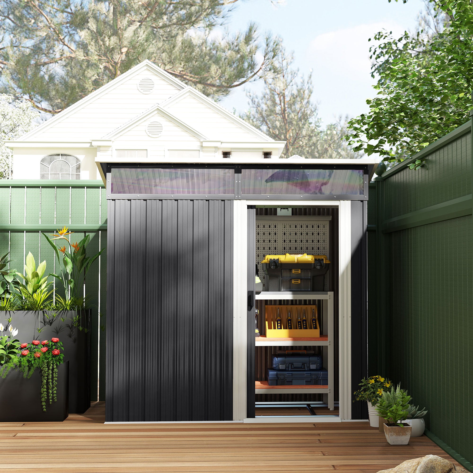 Metal Tool Shed 1.9m² 195x122x182cm Equipment Shed with Foundation Pent Roof Window Sliding Door Hooks Gloves Weatherproof Outdoor Garden Shed for Backyard Garden Dark Gray