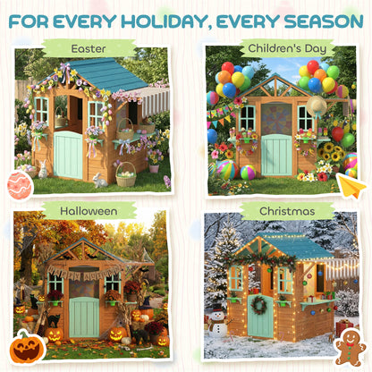 Wooden Outdoor Playhouse with Market Counter, Planters & Chalkboard – Multicolor, for Ages 3–6, 142 x 120 x 141.5 cm