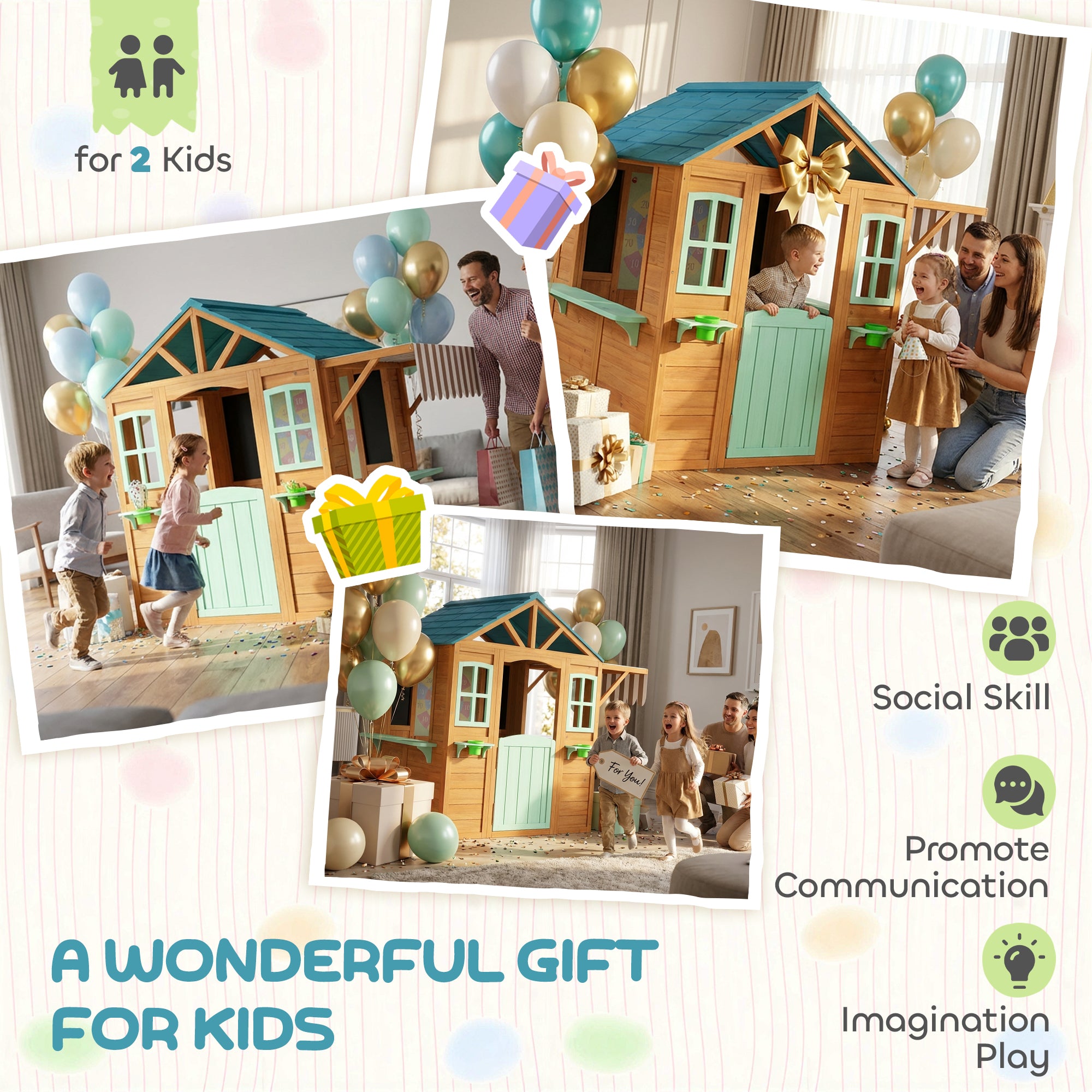 Wooden Outdoor Playhouse with Market Counter, Planters & Chalkboard – Multicolor, for Ages 3–6, 142 x 120 x 141.5 cm