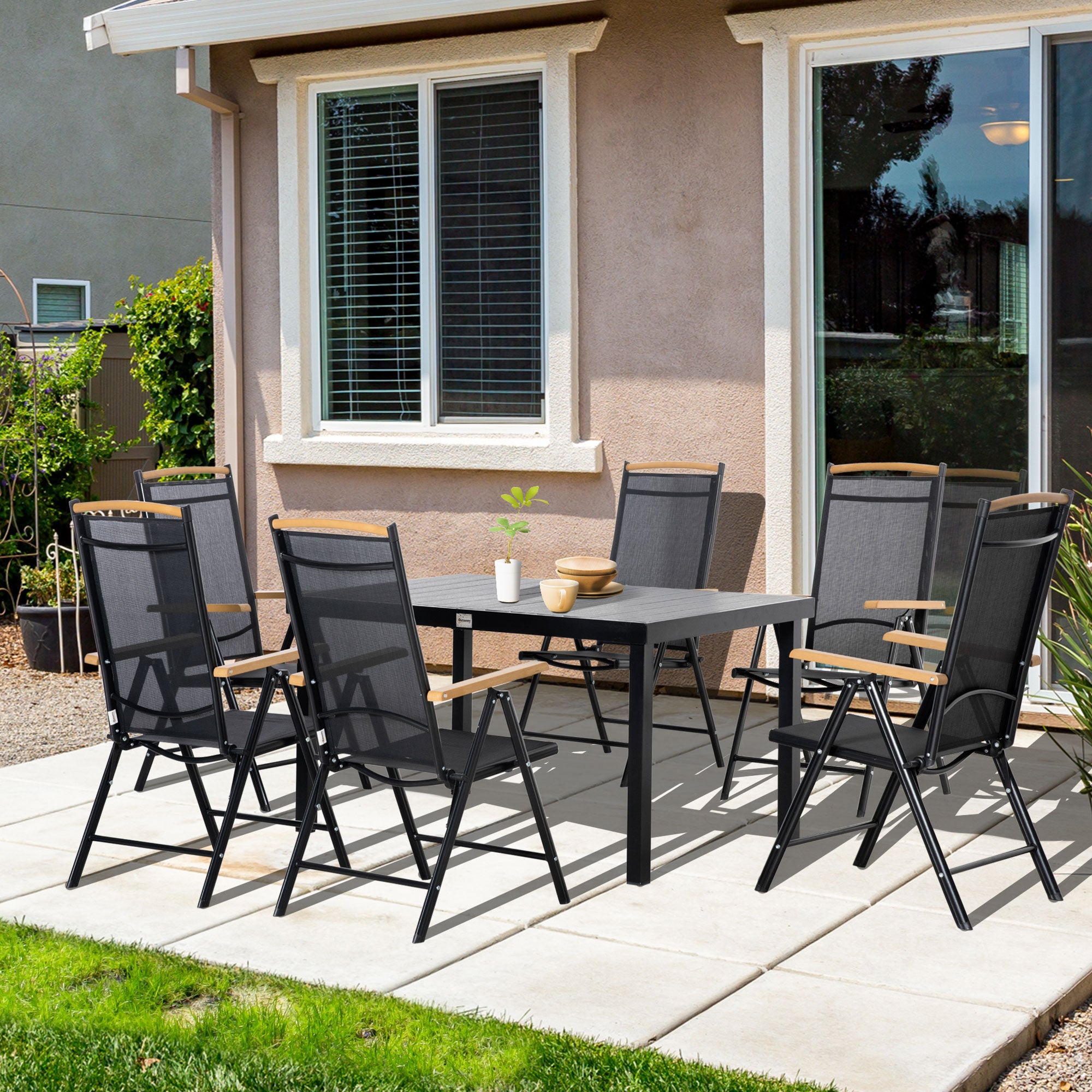 Folding Dining Set 7 Pieces Balcony Set Balcony Furniture 1 Table + 6 Chairs Patio Furniture Set Dining Furniture Aluminum Mesh Black