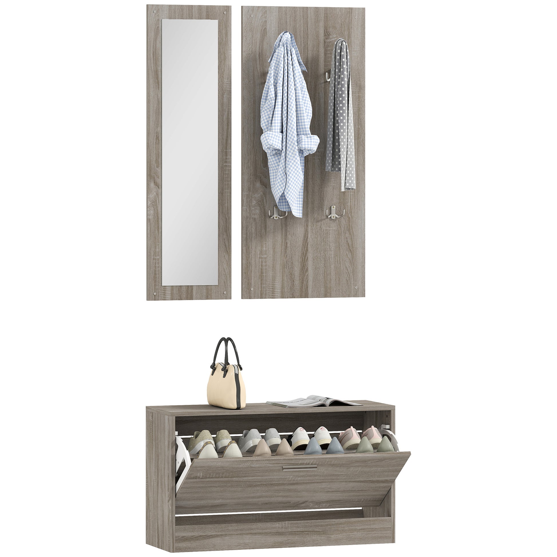 3-Piece Entryway Furniture Set with Shoe Bench, Wall-Mounted Coat Rack, and Mirror, Wardrobe for Bedroom and Hallway in Wood, 80x27x46.5 cm, Grey
