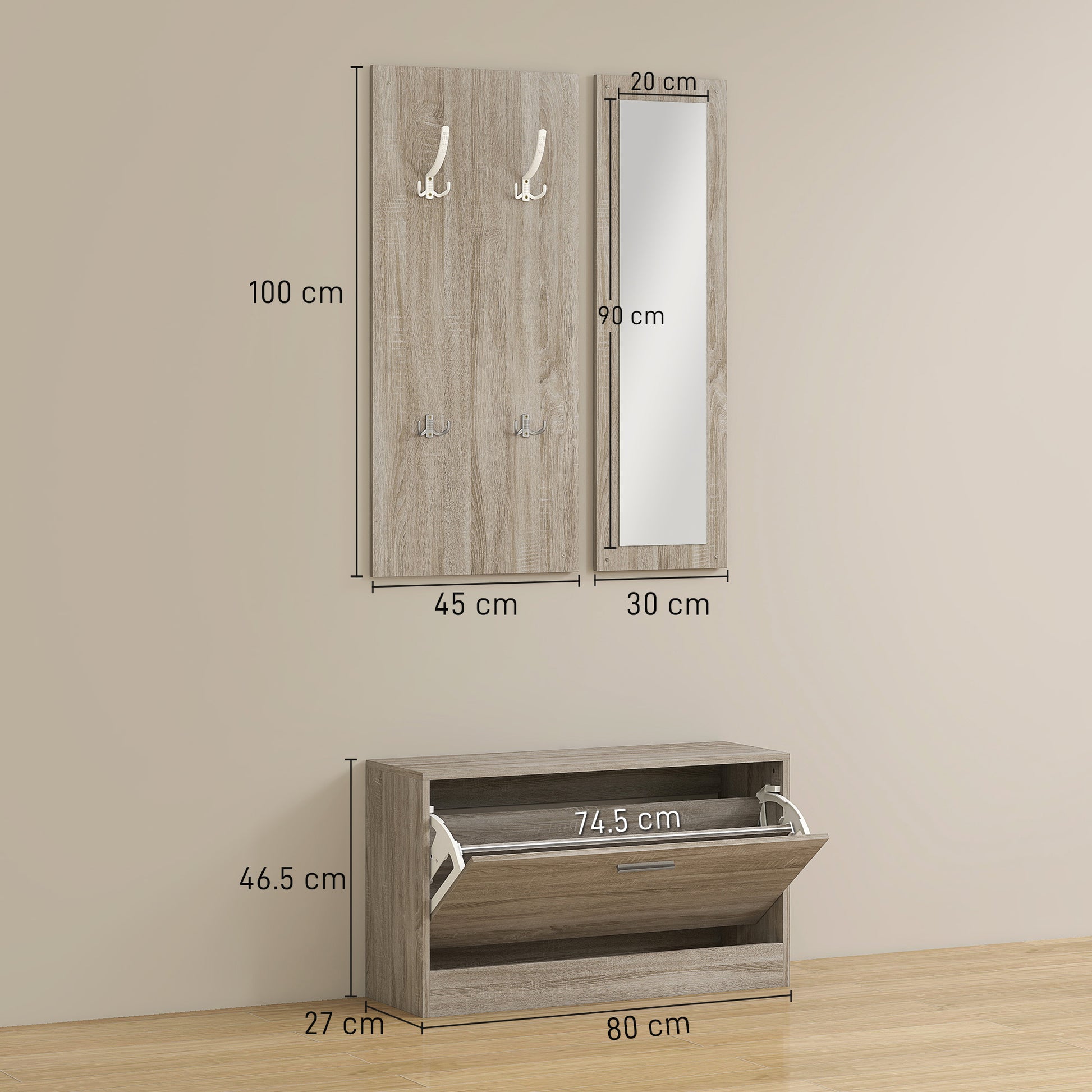 3-Piece Entryway Furniture Set with Shoe Bench, Wall-Mounted Coat Rack, and Mirror, Wardrobe for Bedroom and Hallway in Wood, 80x27x46.5 cm, Grey
