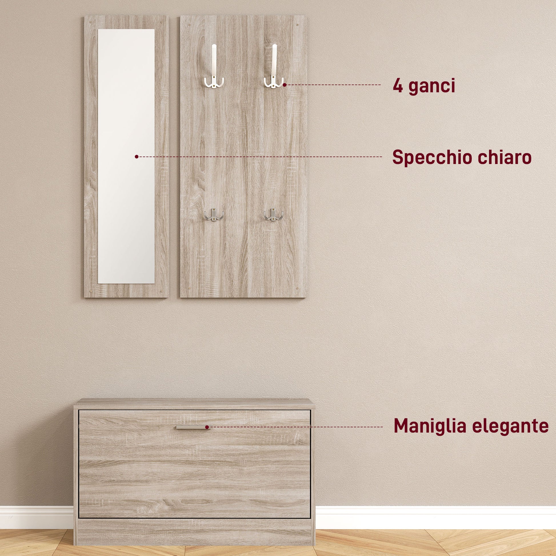 3-Piece Entryway Furniture Set with Shoe Bench, Wall-Mounted Coat Rack, and Mirror, Wardrobe for Bedroom and Hallway in Wood, 80x27x46.5 cm, Grey
