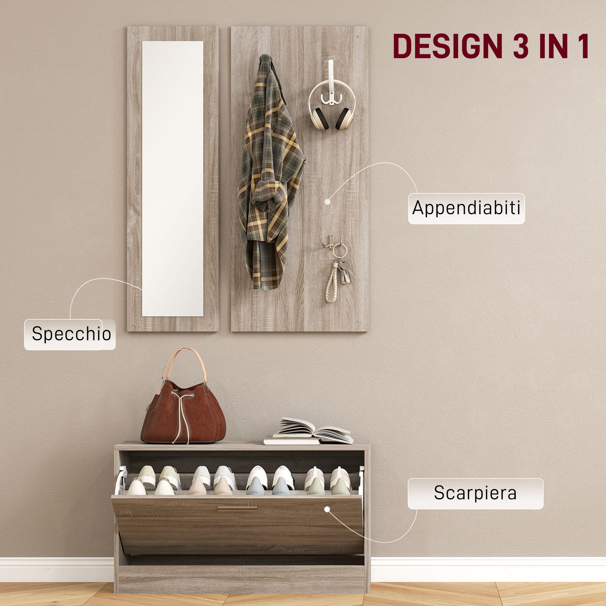 3-Piece Entryway Furniture Set with Shoe Bench, Wall-Mounted Coat Rack, and Mirror, Wardrobe for Bedroom and Hallway in Wood, 80x27x46.5 cm, Grey