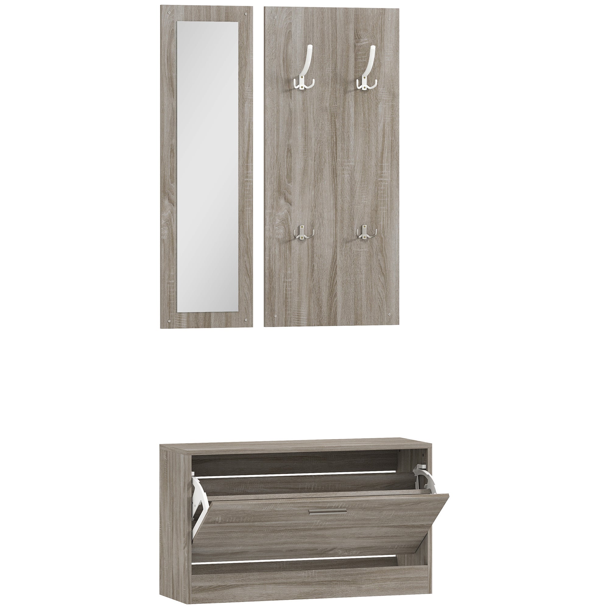 3-Piece Entryway Furniture Set with Shoe Bench, Wall-Mounted Coat Rack, and Mirror, Wardrobe for Bedroom and Hallway in Wood, 80x27x46.5 cm, Grey
