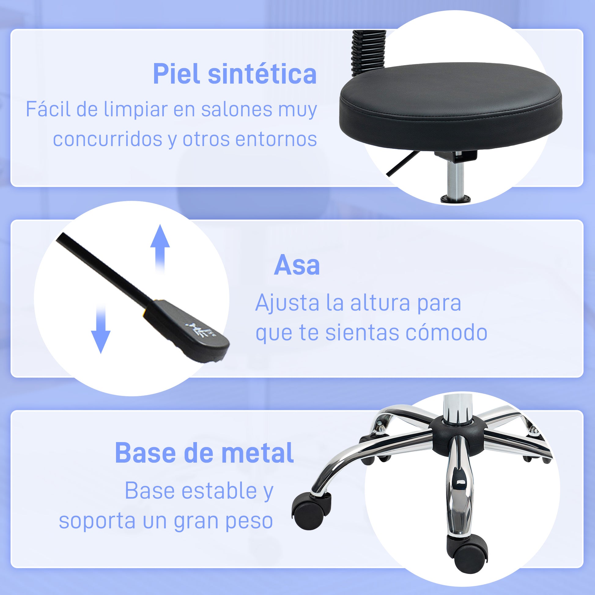 Swivel Stool with Wheels and Backrest Work Stool with Adjustable Height 78-93 cm Synthetic Leather Upholstered Seat Black