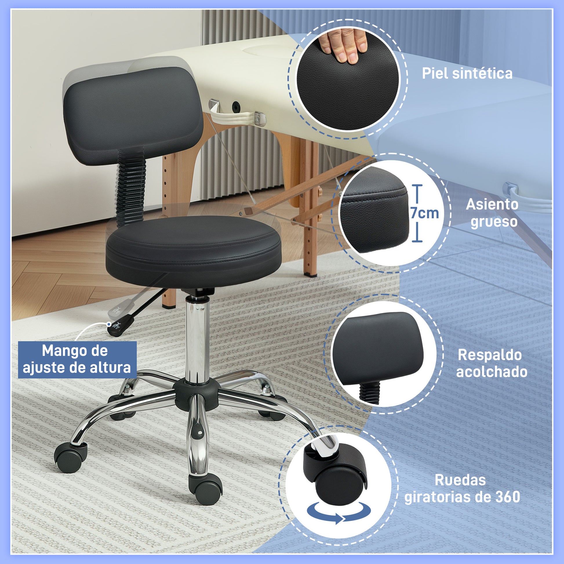 Swivel Stool with Wheels and Backrest Work Stool with Adjustable Height 78-93 cm Synthetic Leather Upholstered Seat Black