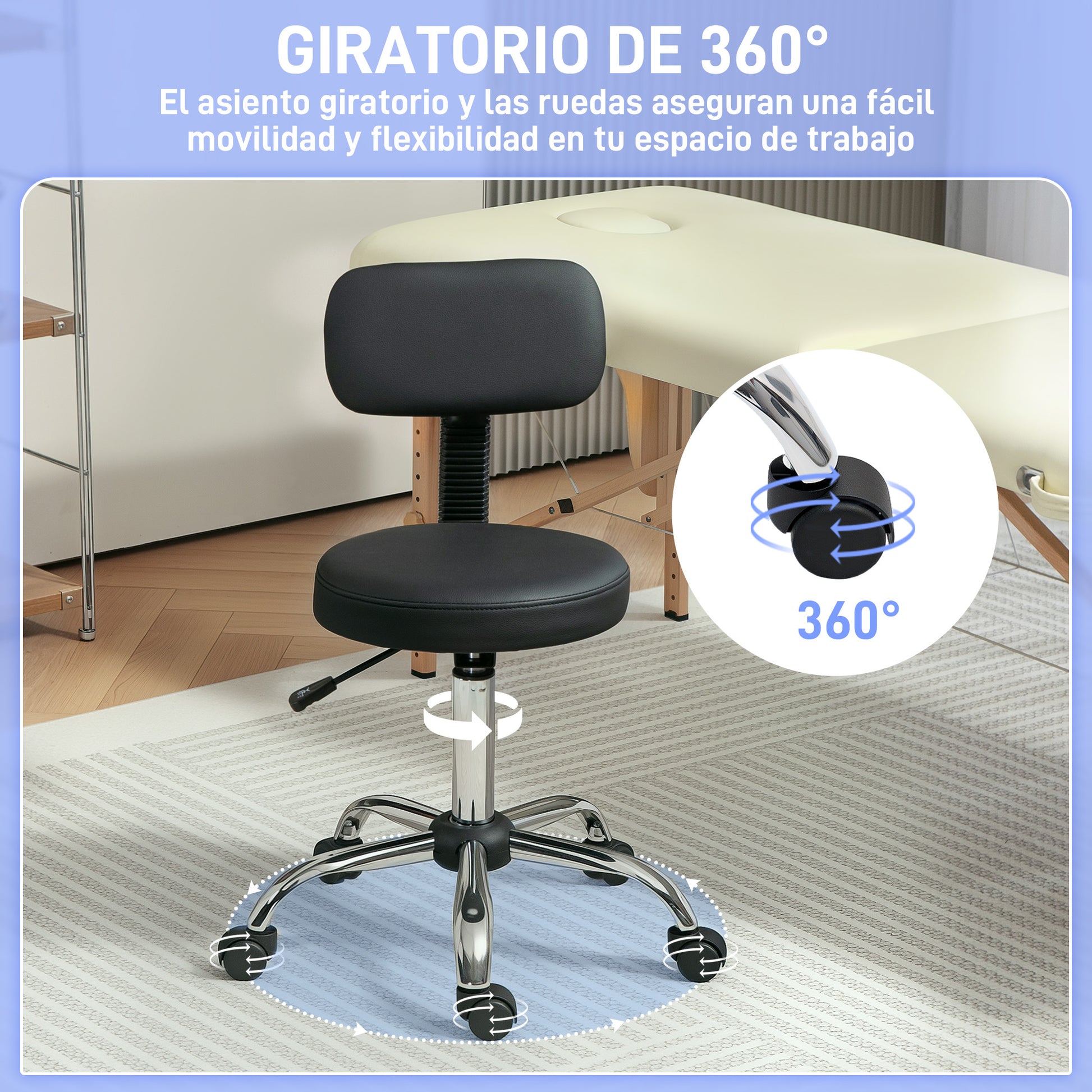 Swivel Stool with Wheels and Backrest Work Stool with Adjustable Height 78-93 cm Synthetic Leather Upholstered Seat Black