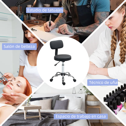 Swivel Stool with Wheels and Backrest Work Stool with Adjustable Height 78-93 cm Synthetic Leather Upholstered Seat Black