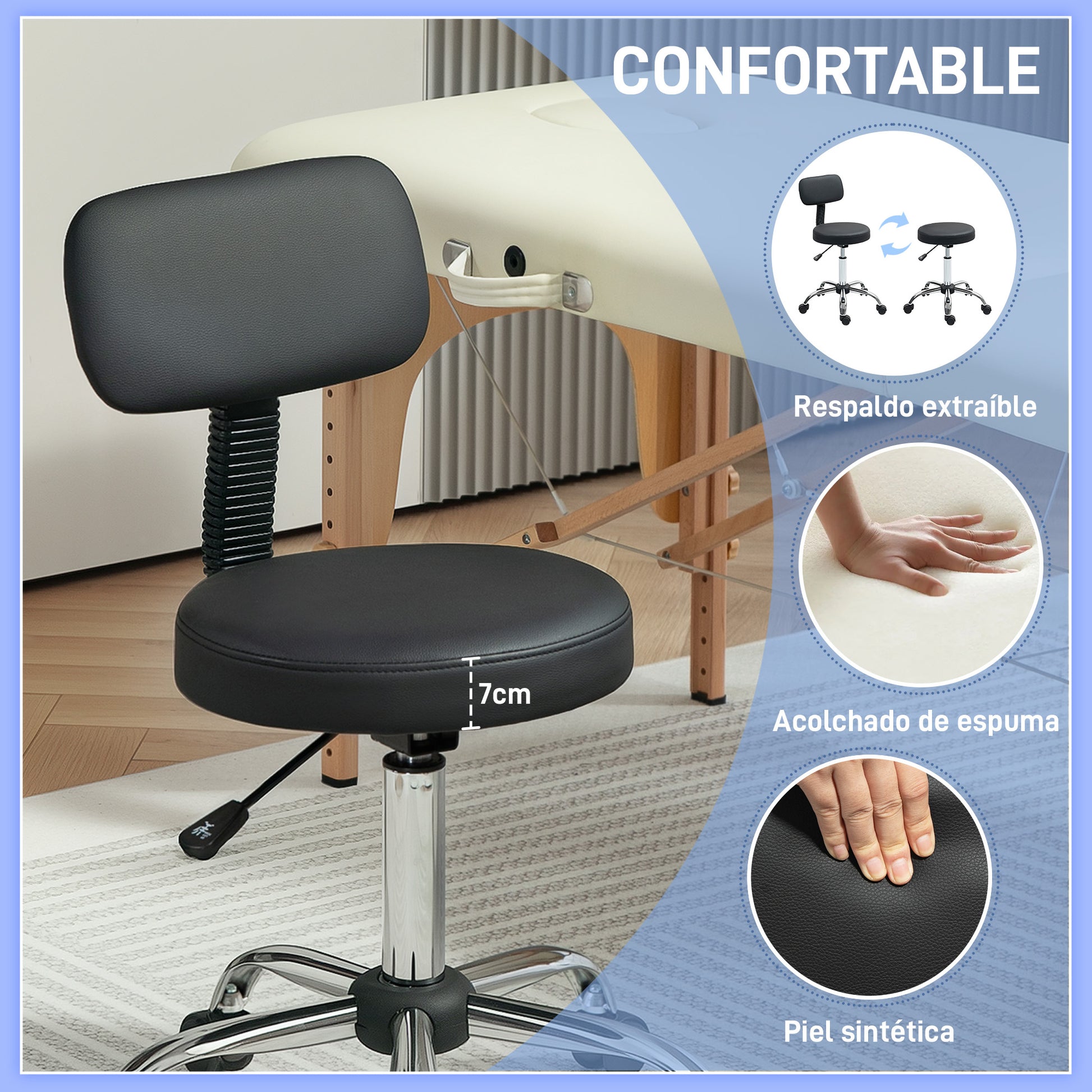 Swivel Stool with Wheels and Backrest Work Stool with Adjustable Height 78-93 cm Synthetic Leather Upholstered Seat Black