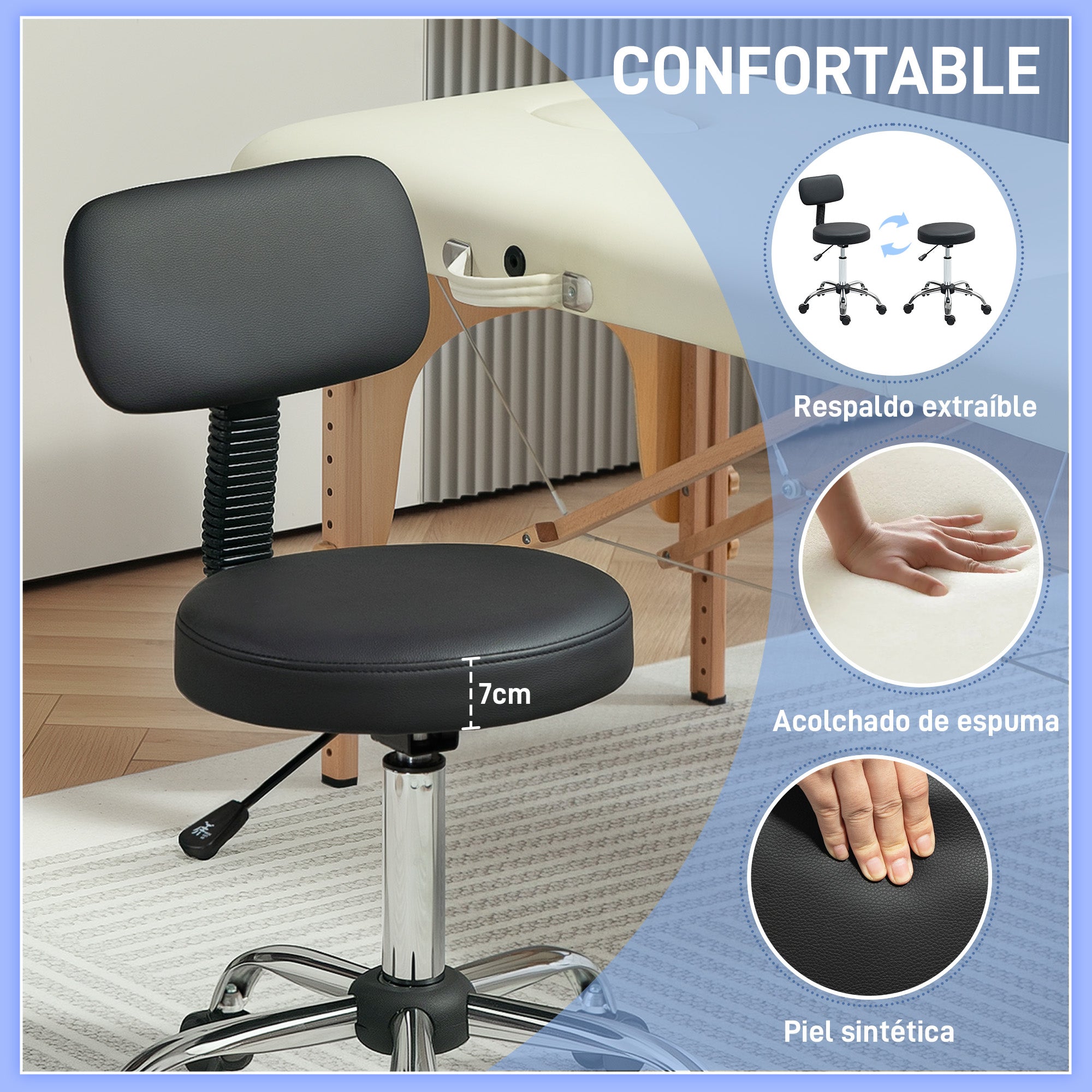 Swivel Stool with Wheels and Backrest Work Stool with Adjustable Height 78-93 cm Synthetic Leather Upholstered Seat Black