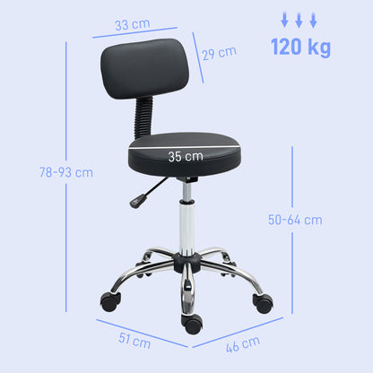 Swivel Stool with Wheels and Backrest Work Stool with Adjustable Height 78-93 cm Synthetic Leather Upholstered Seat Black