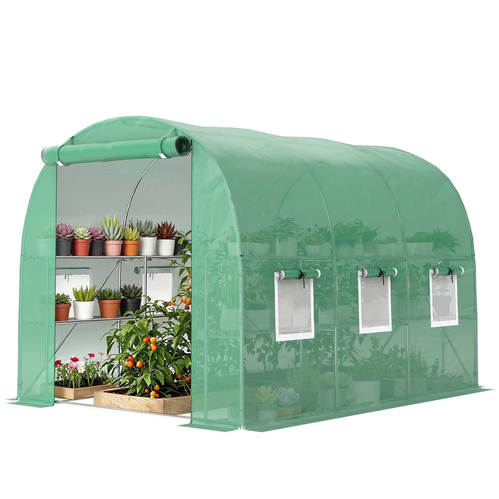 Outdoor Tunnel Greenhouse 6.5' x 9' x 6.3' with Shelves — Roll-Up Door, 6 Mesh Windows, UV PE Cover, Galvanized Steel Frame, Waterproof, Green
