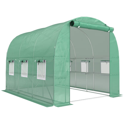 Outdoor Tunnel Greenhouse 6.5' x 9' x 6.3' with Shelves — Roll-Up Door, 6 Mesh Windows, UV PE Cover, Galvanized Steel Frame, Waterproof, Green