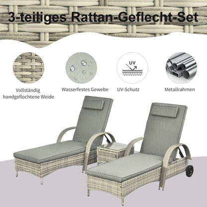 Sun Lounger Garden Table 3-Piece Garden Furniture Set, Polyrattan+Metal Gray